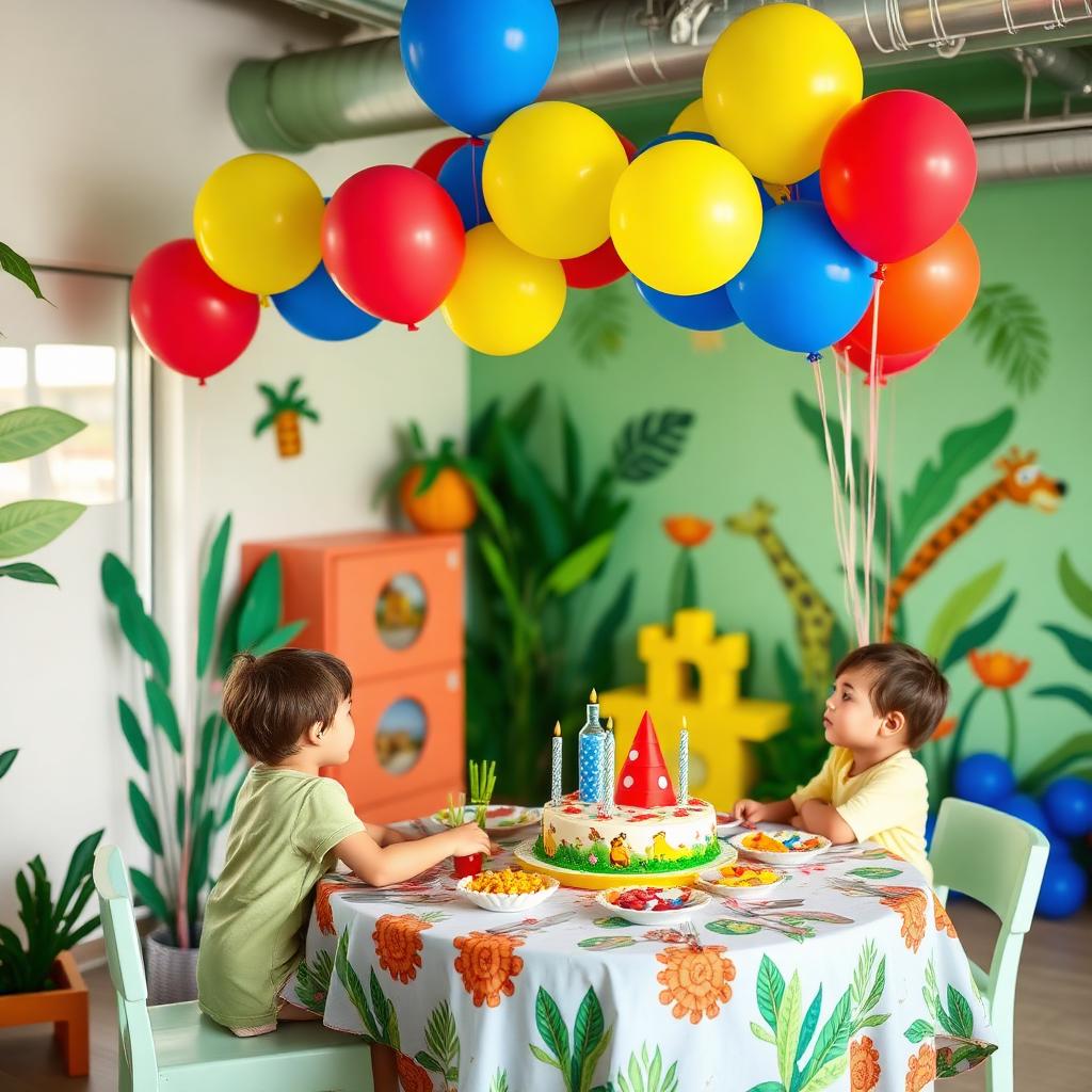 Jungle-themed birthday party setup