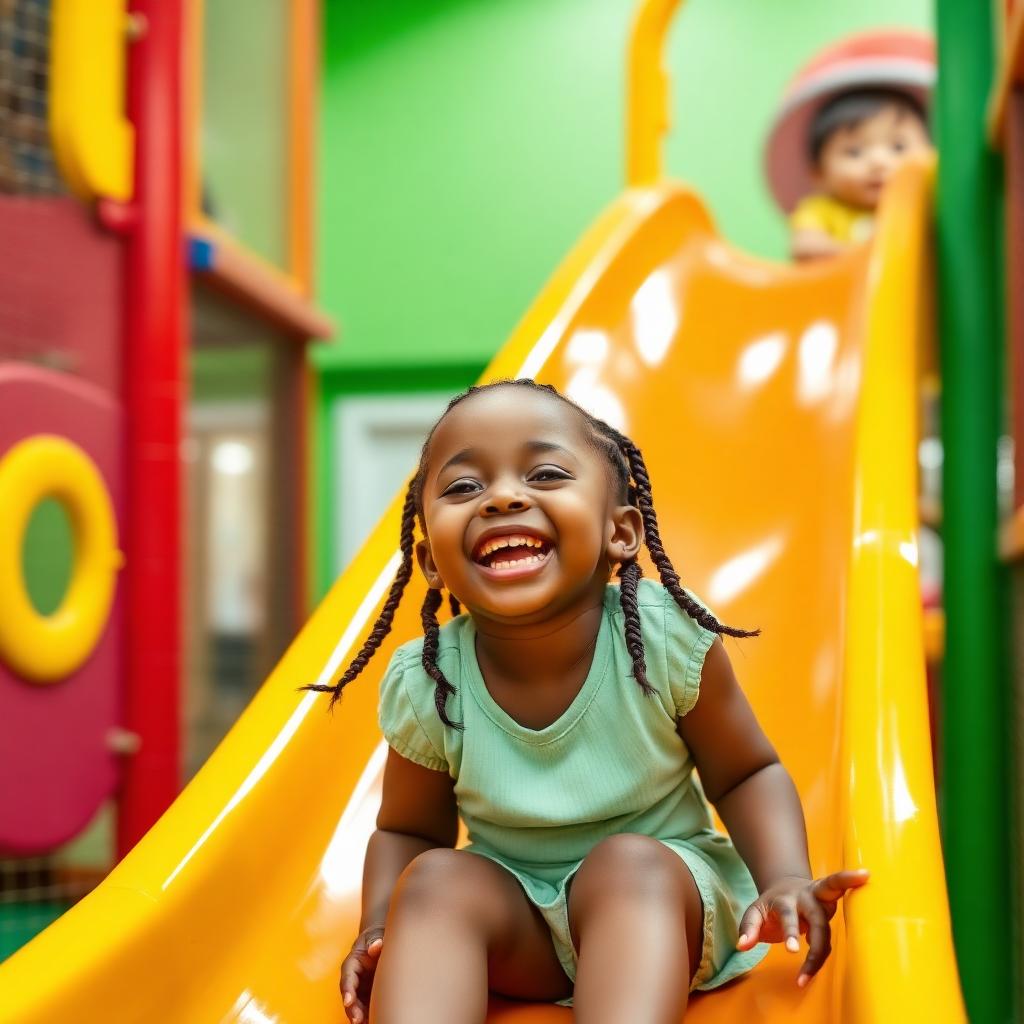 Girl sliding down a bright yellow slide